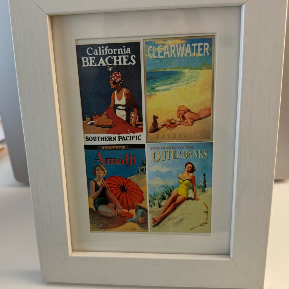 Vintage Beach Mini Travel Poster Collage in White Frame